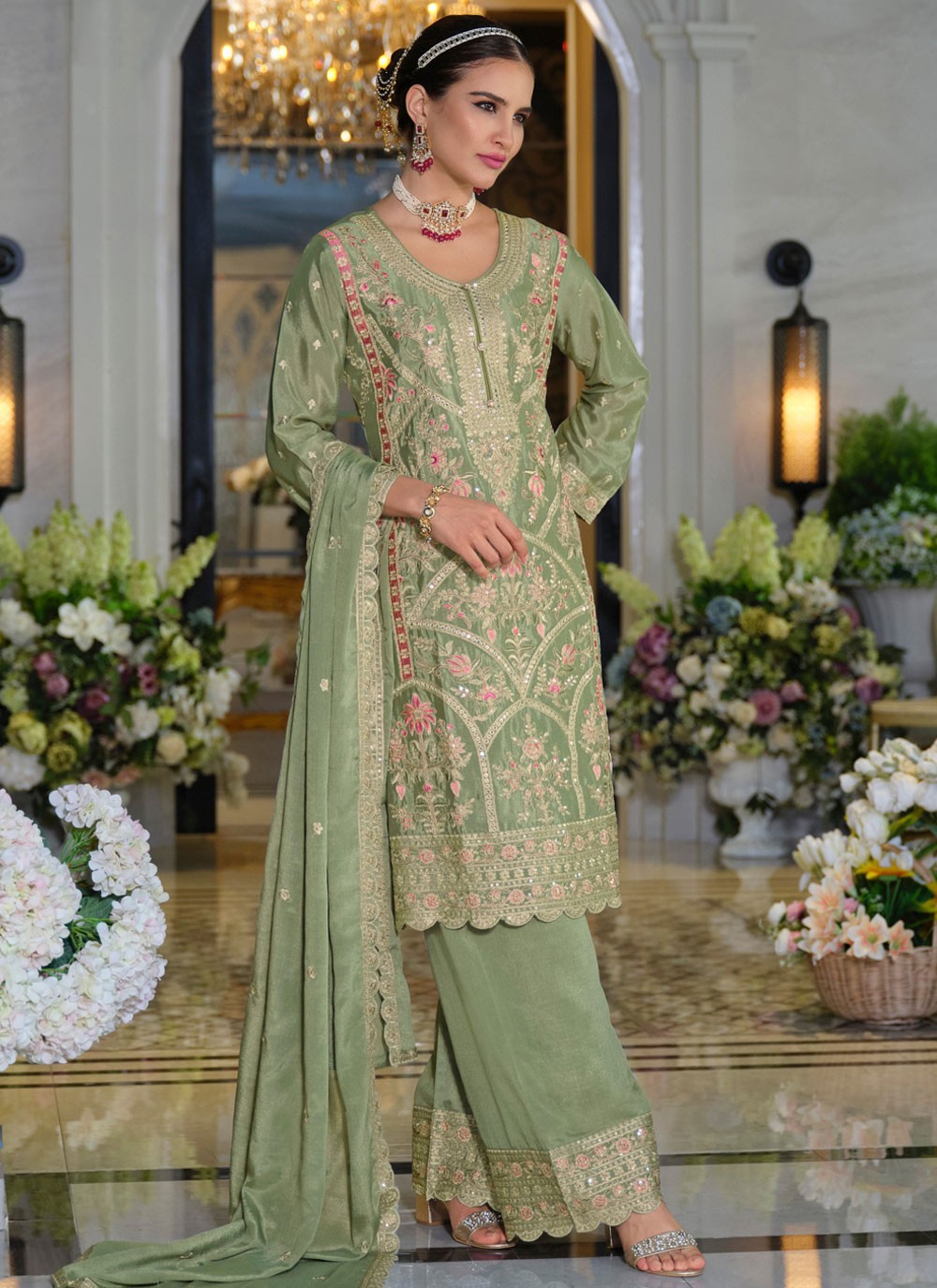 Palazzo Suit Embroidered, Resham Green T7836