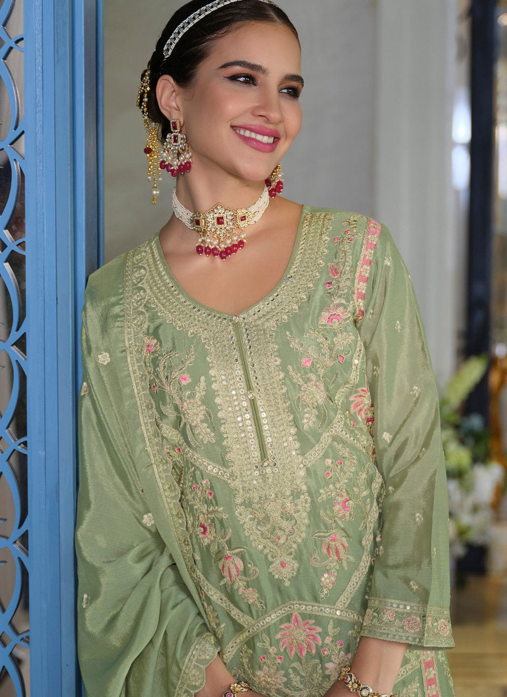 Palazzo Suit Embroidered, Resham Green T7836