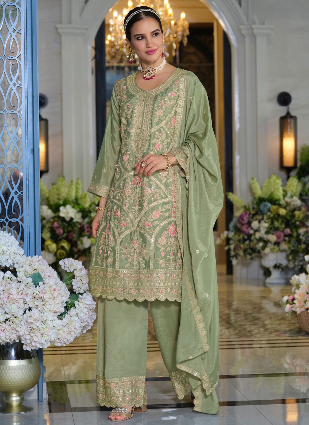 Palazzo Suit Embroidered, Resham Green T7836