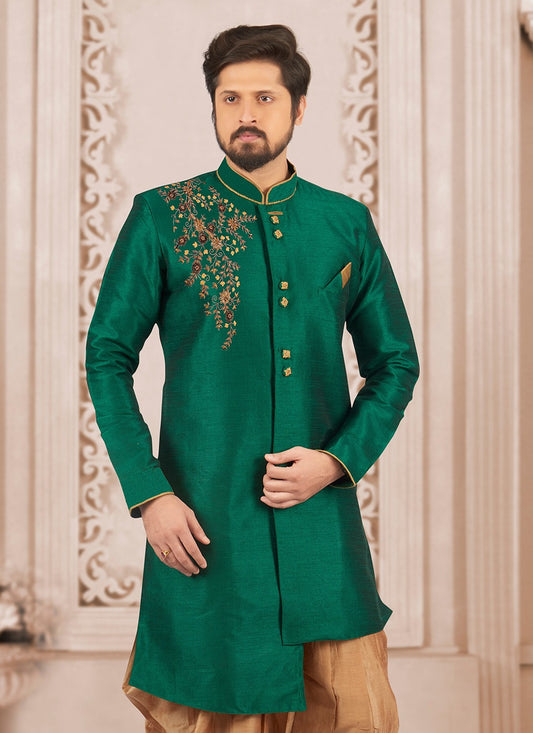 Embroidered Dupion Silk Green Kurta - M6291