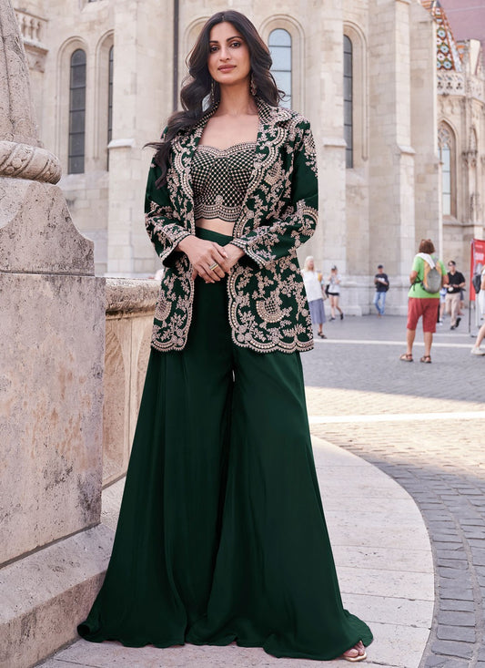 Bollywood Style Embroidered Green Silk T5426