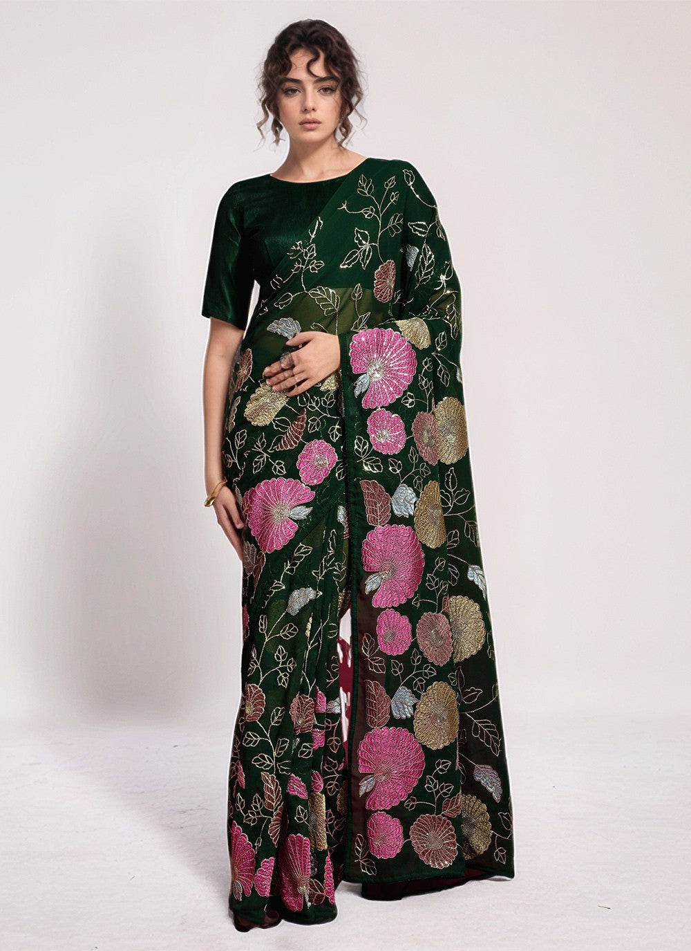 Green Georgette Classic Saree Embroidered, Sequins, Thread S15800