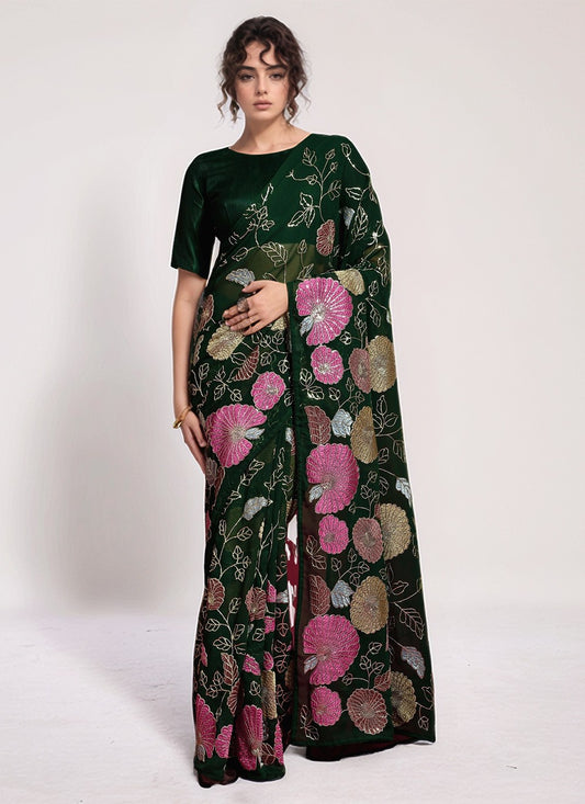 Green Georgette Classic Saree Embroidered, Sequins, Thread S15800