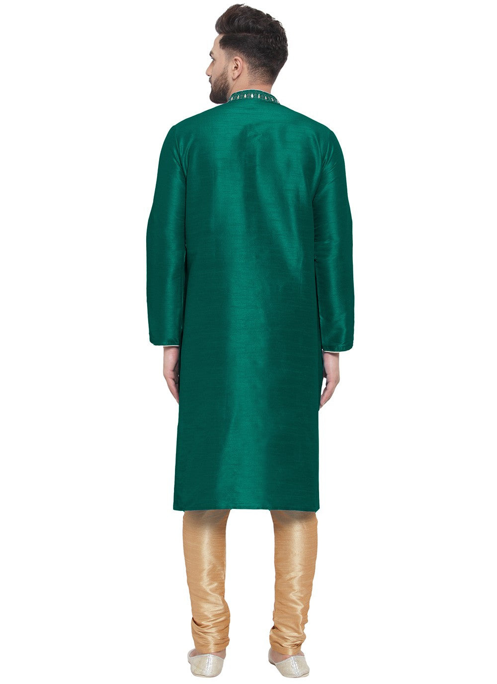 Embroidered Dupion Silk Green Kurta Pyjama - M7312