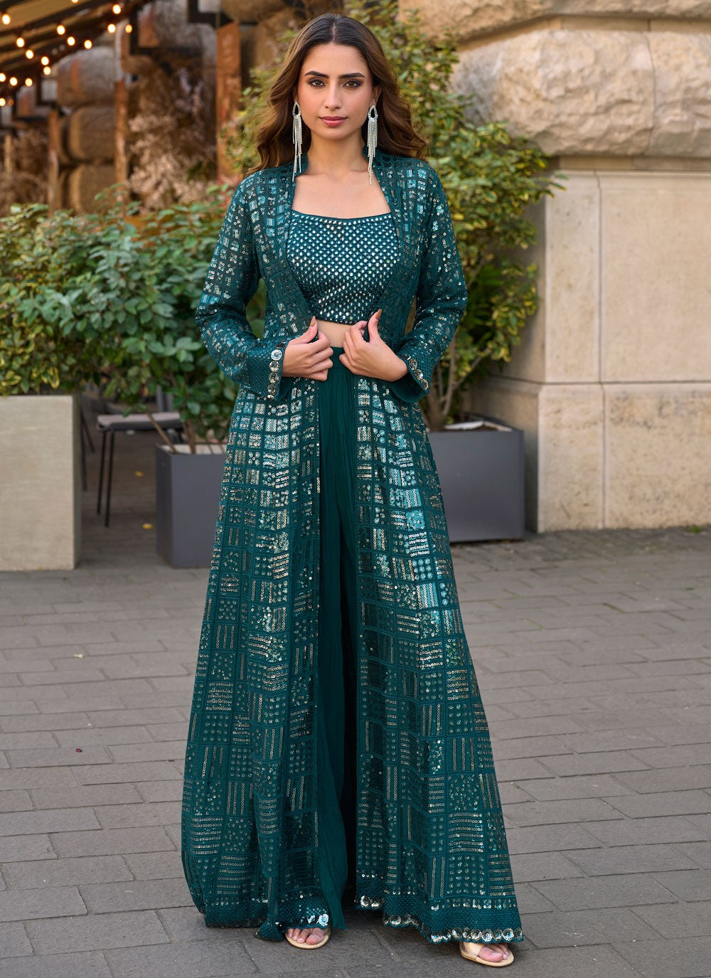 Palazzo Suit Embroidered, Sequins Green T8502