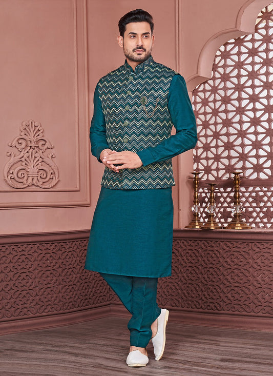 Embroidered Banarasi Silk Green Kurta Payjama With Jacket - M6420