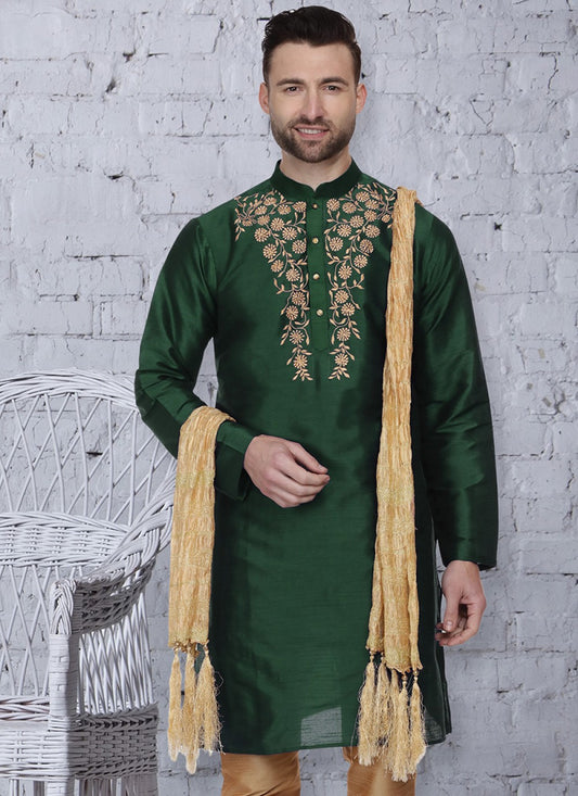 Embroidered Art Dupion Silk Green Kurta - M1475