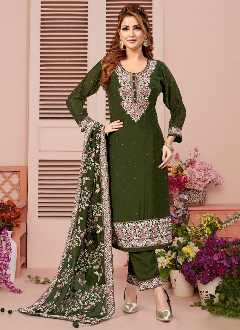 Pant Style Suit Embroidered Green T8070