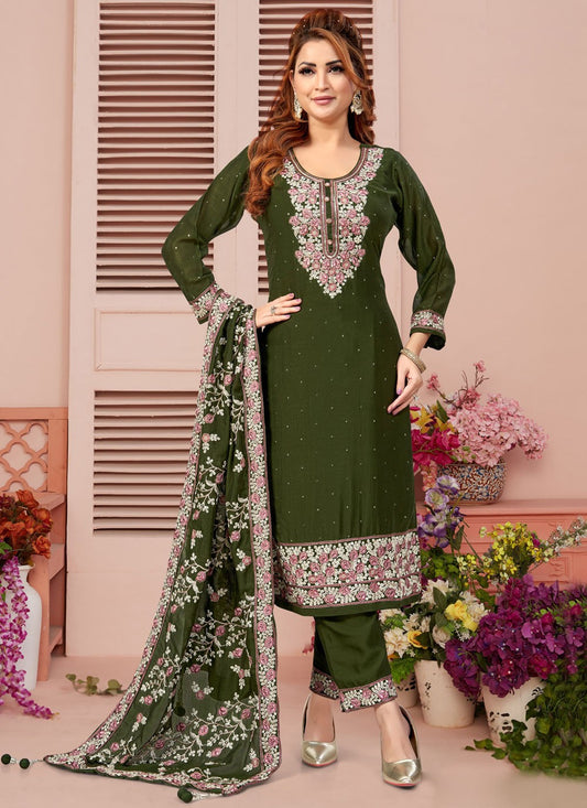 Pant Style Suit Embroidered Green T8070