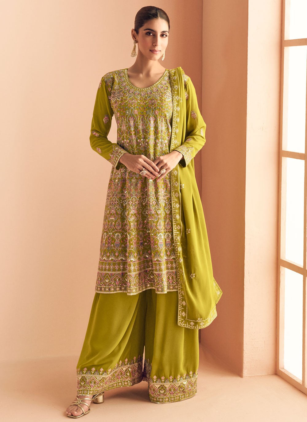 Palazzo Suit Embroidered Green T8353