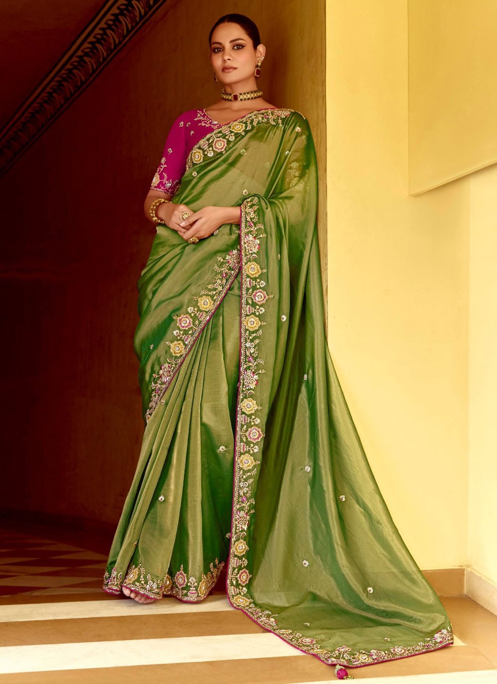 Embroidered Fancy Fabric Green Saree S14391