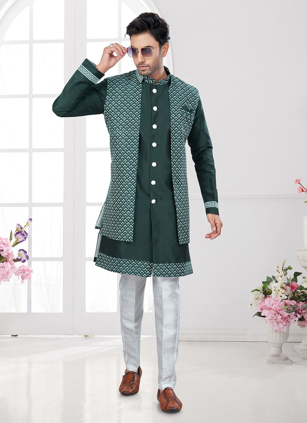 Embroidered Art Silk Green Indo Western Sherwani - M8598