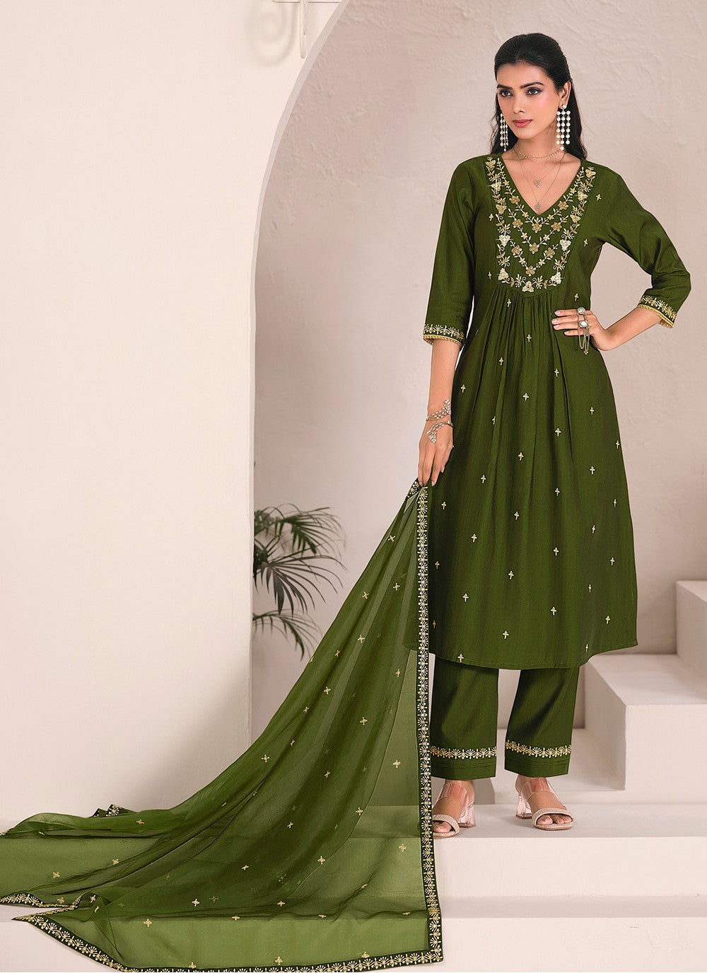 Pant Style Suit Embroidered Green T7539