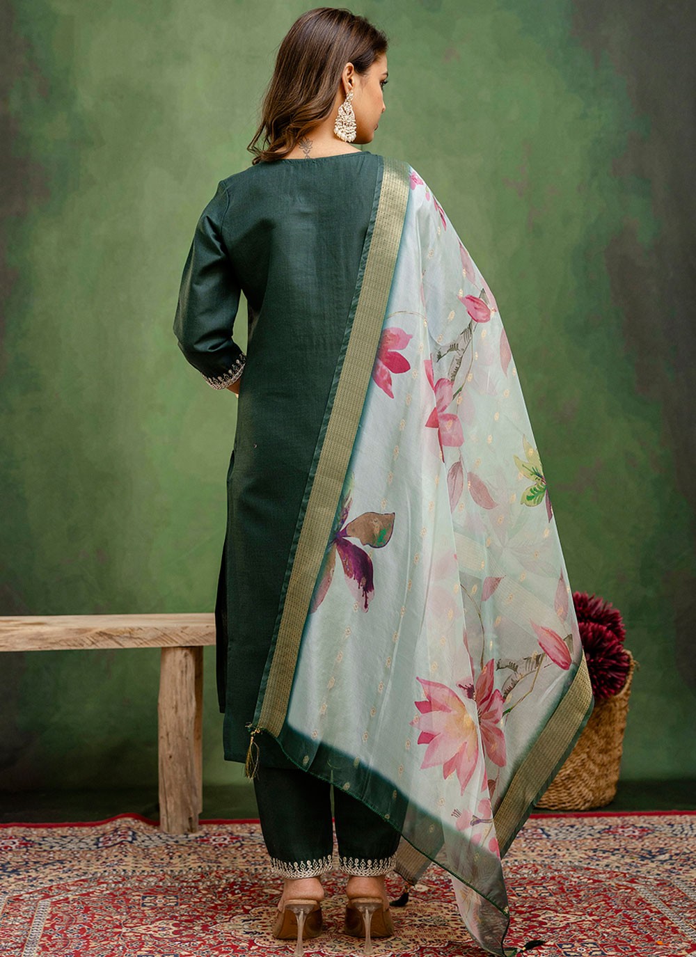 Pant Style Suit Embroidered Green T7791