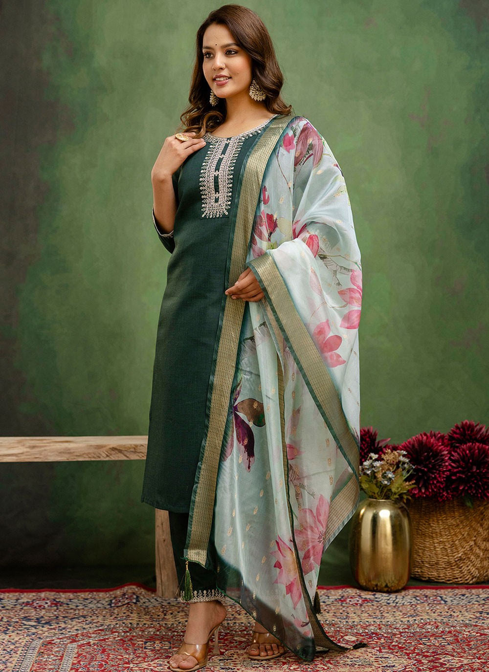 Pant Style Suit Embroidered Green T7791