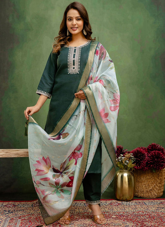 Pant Style Suit Embroidered Green T7791