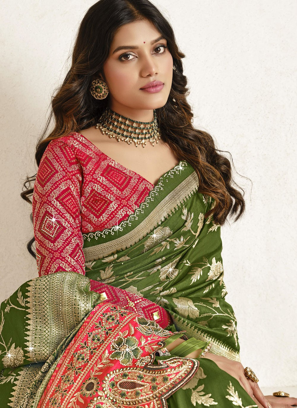 Classic Saree Cut Work Green Silk S12857