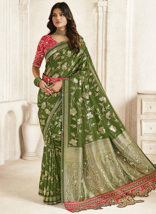 Classic Saree Cut Work Green Silk S12857