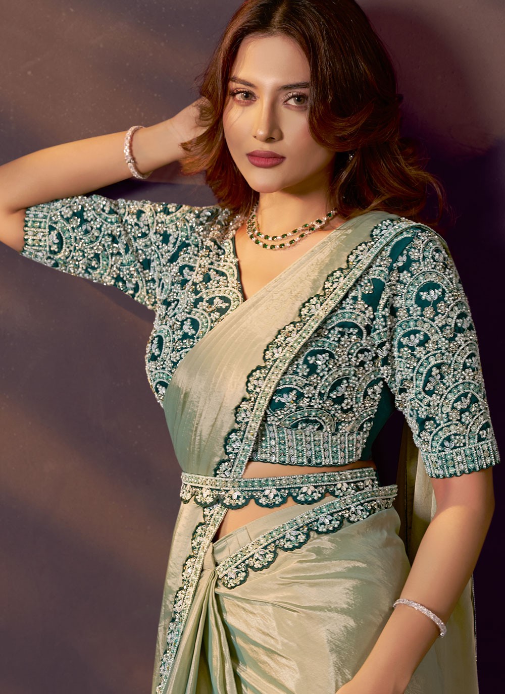Green Silk Trendy Saree Beads, Embroidered S20476