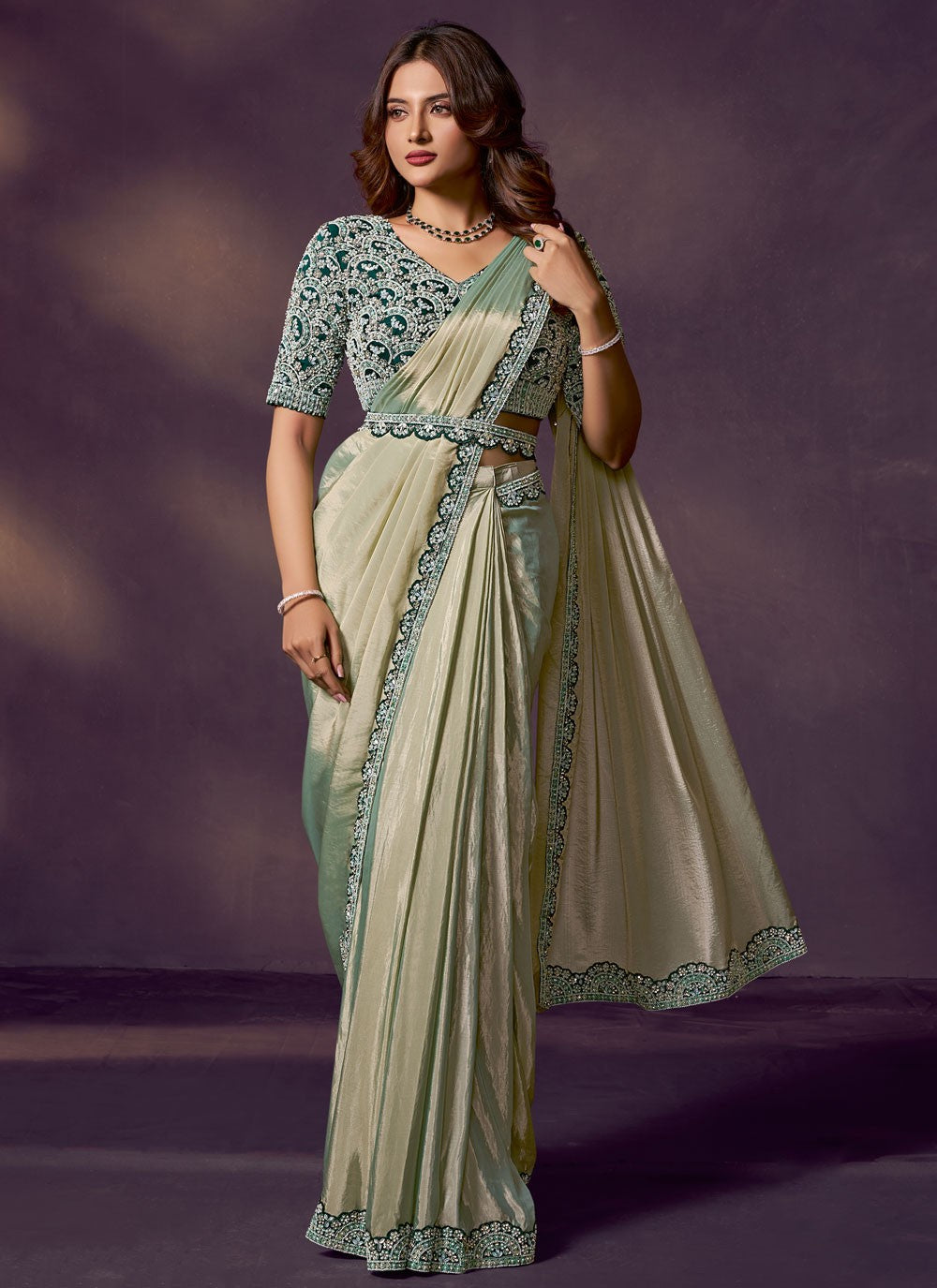 Green Silk Trendy Saree Beads, Embroidered S20476