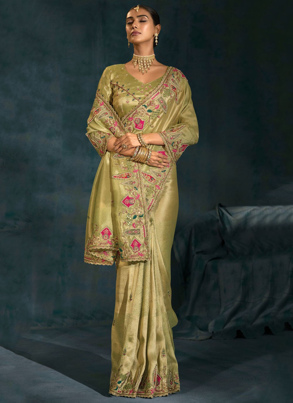 Green Silk Traditional Saree Cutdana, Embroidered, Mirror, Thread, Zari S19713