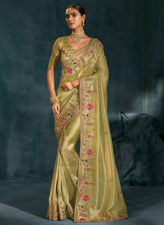 Green Silk Traditional Saree Cutdana, Embroidered, Mirror, Thread, Zari S19713