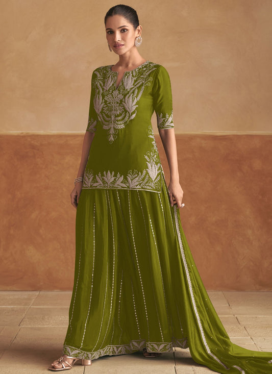 Salwar Suit Embroidered Green Chinon T5432