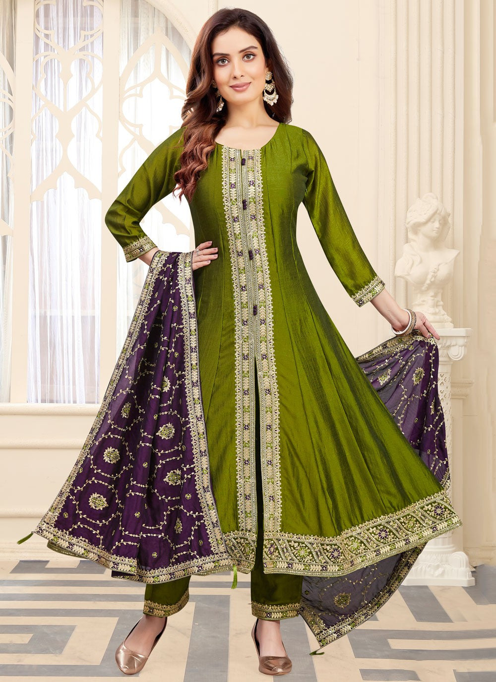 Salwar Suit Embroidered Green Silk T5690