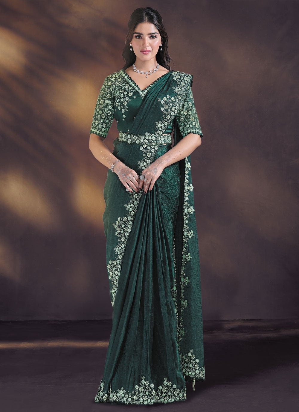 Green Satin Silk Trendy Saree Embroidered, Sequins S20472