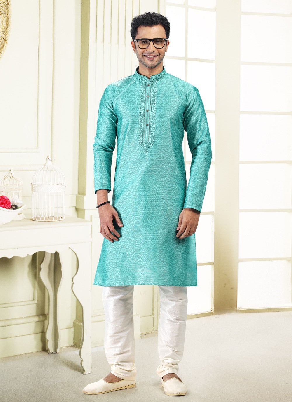 Fancy Work Banarasi Silk, Jacquard Green Kurta Pyjama - M4862