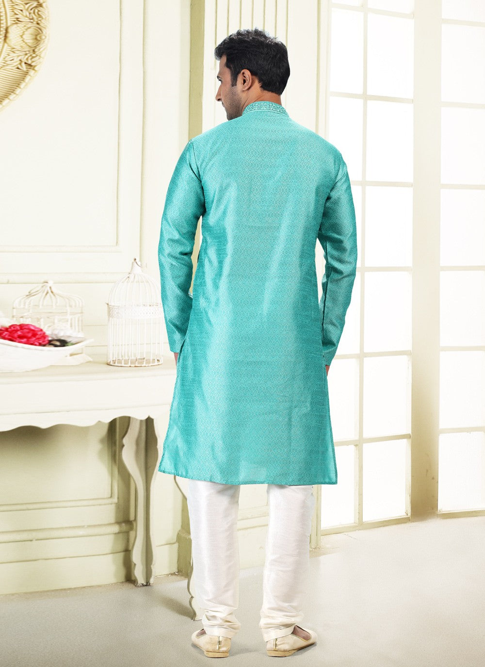 Fancy Work Banarasi Silk, Jacquard Green Kurta Pyjama - M4862
