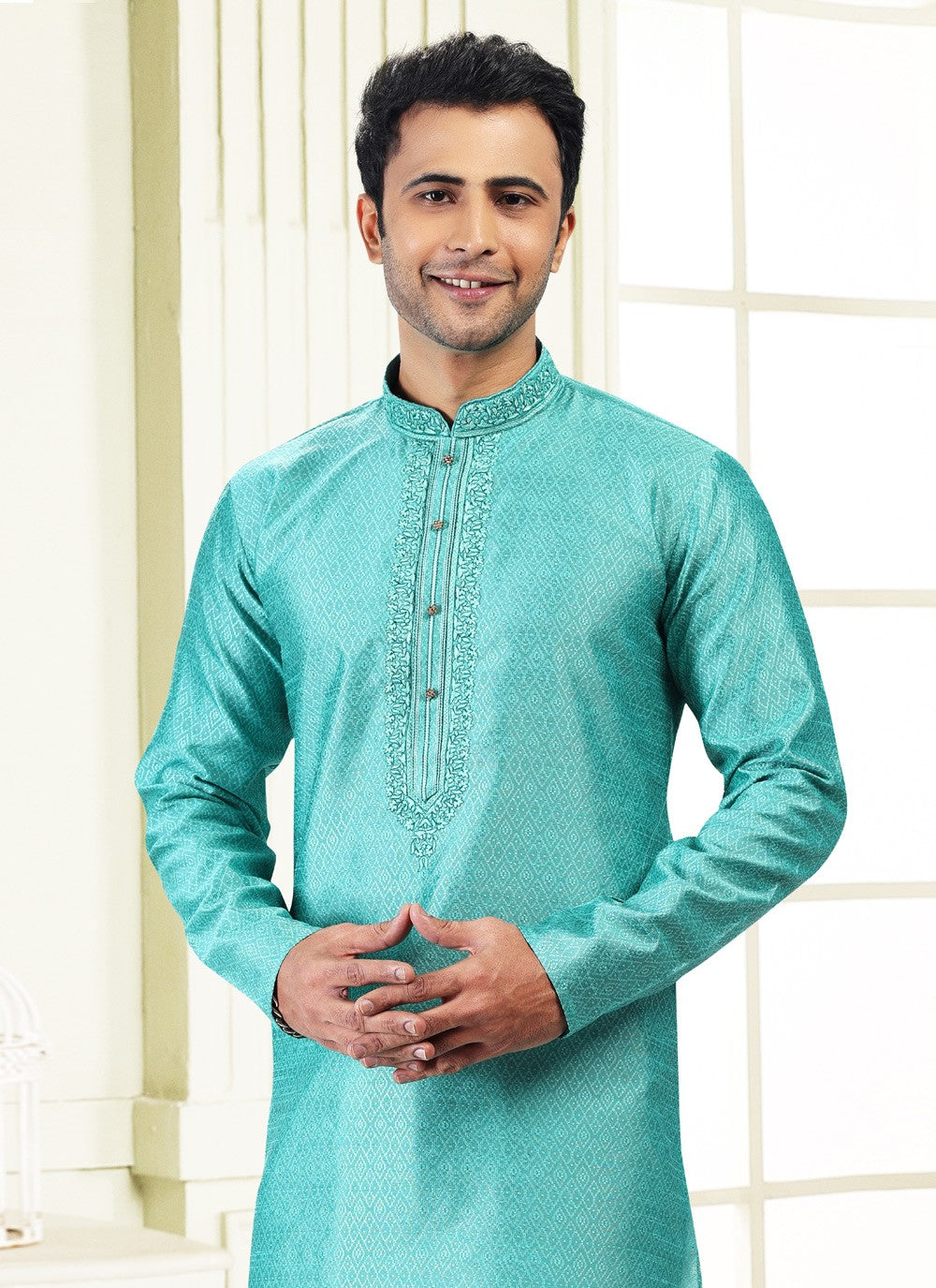 Fancy Work Banarasi Silk, Jacquard Green Kurta Pyjama - M4862
