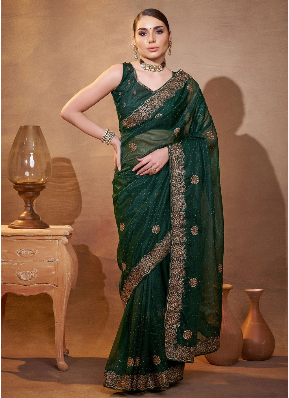 Embroidered Organza Green Saree S14454