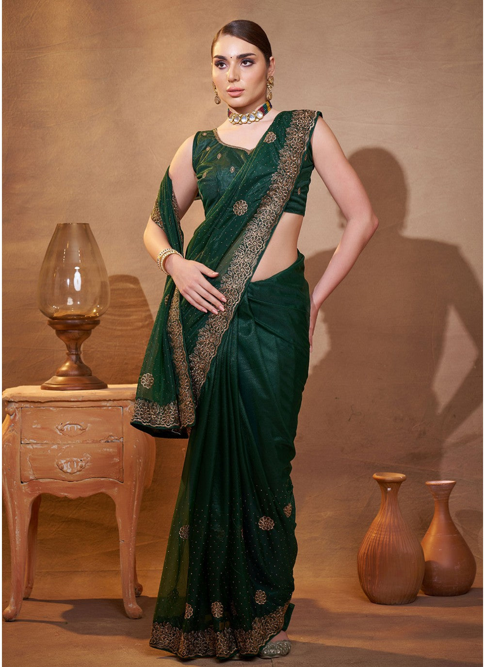 Embroidered Organza Green Saree S14454
