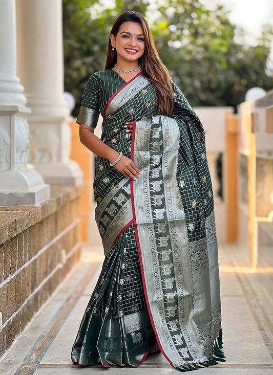 Weaving Zari Silk Green Saree S14346