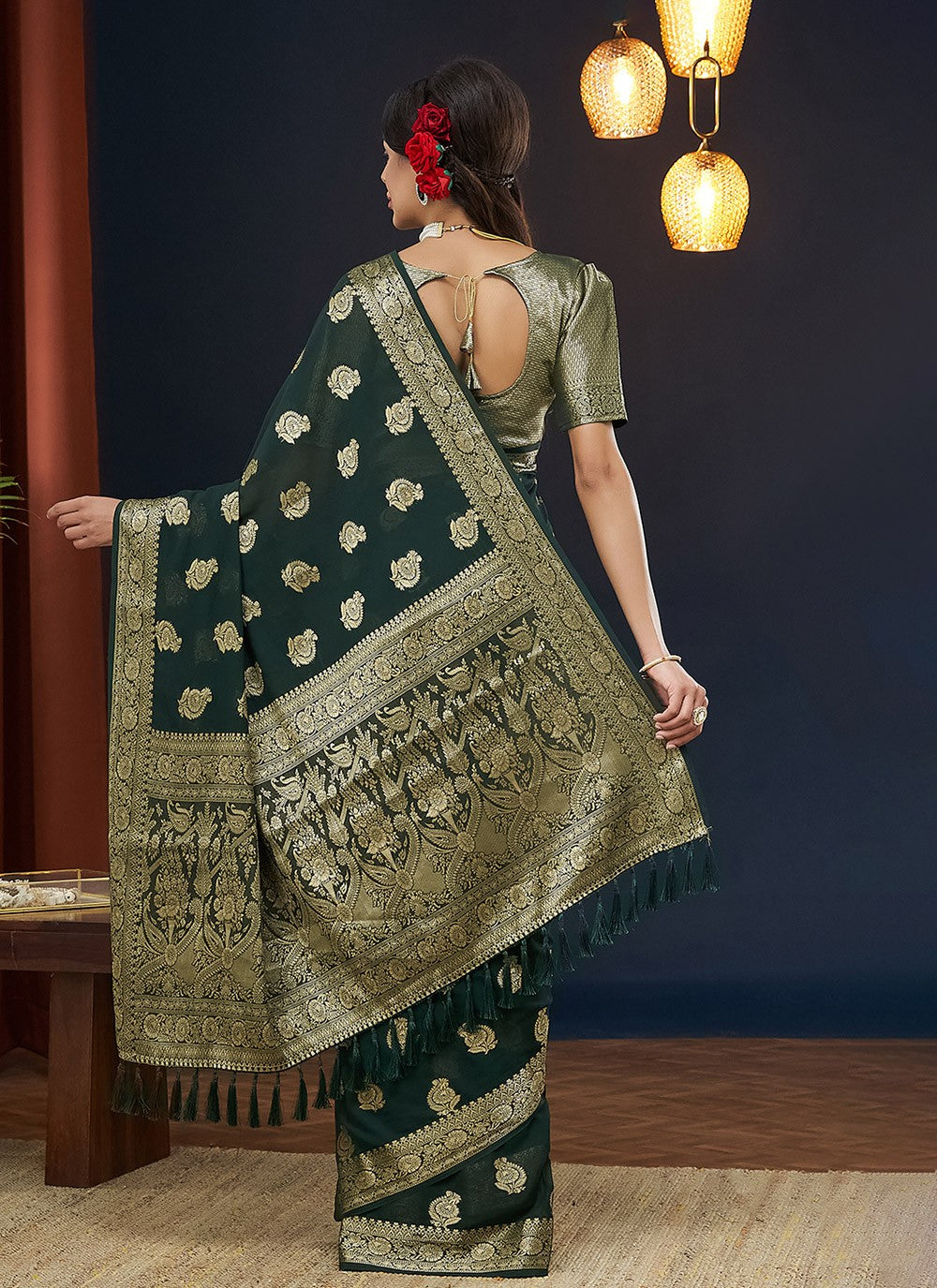 Traditional Jacquard Work Green Georgette S12541
