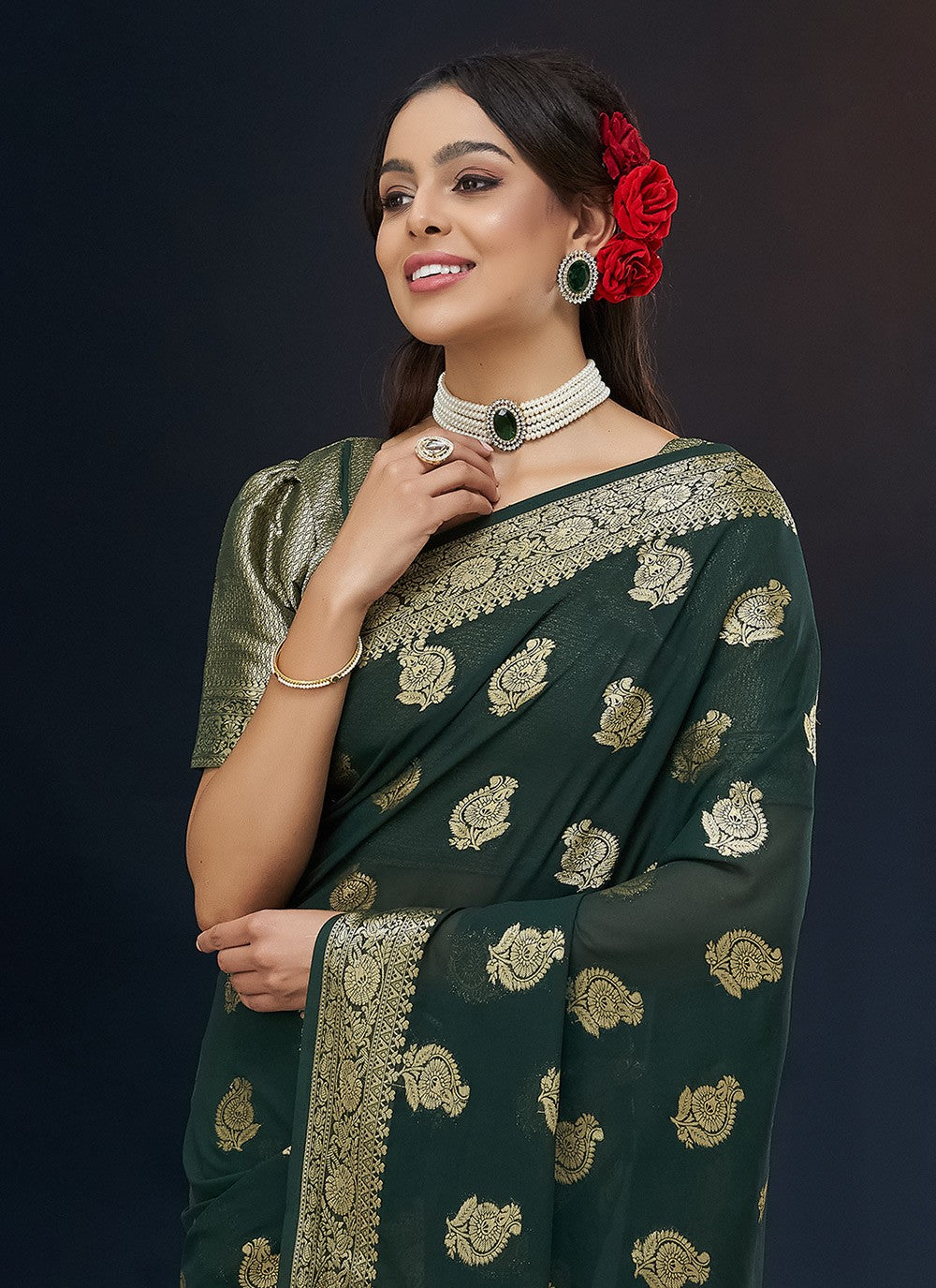 Traditional Jacquard Work Green Georgette Saree S12541