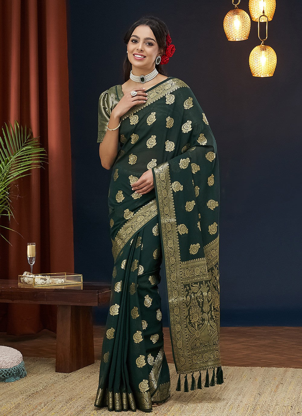 Traditional Jacquard Work Green Georgette S12541