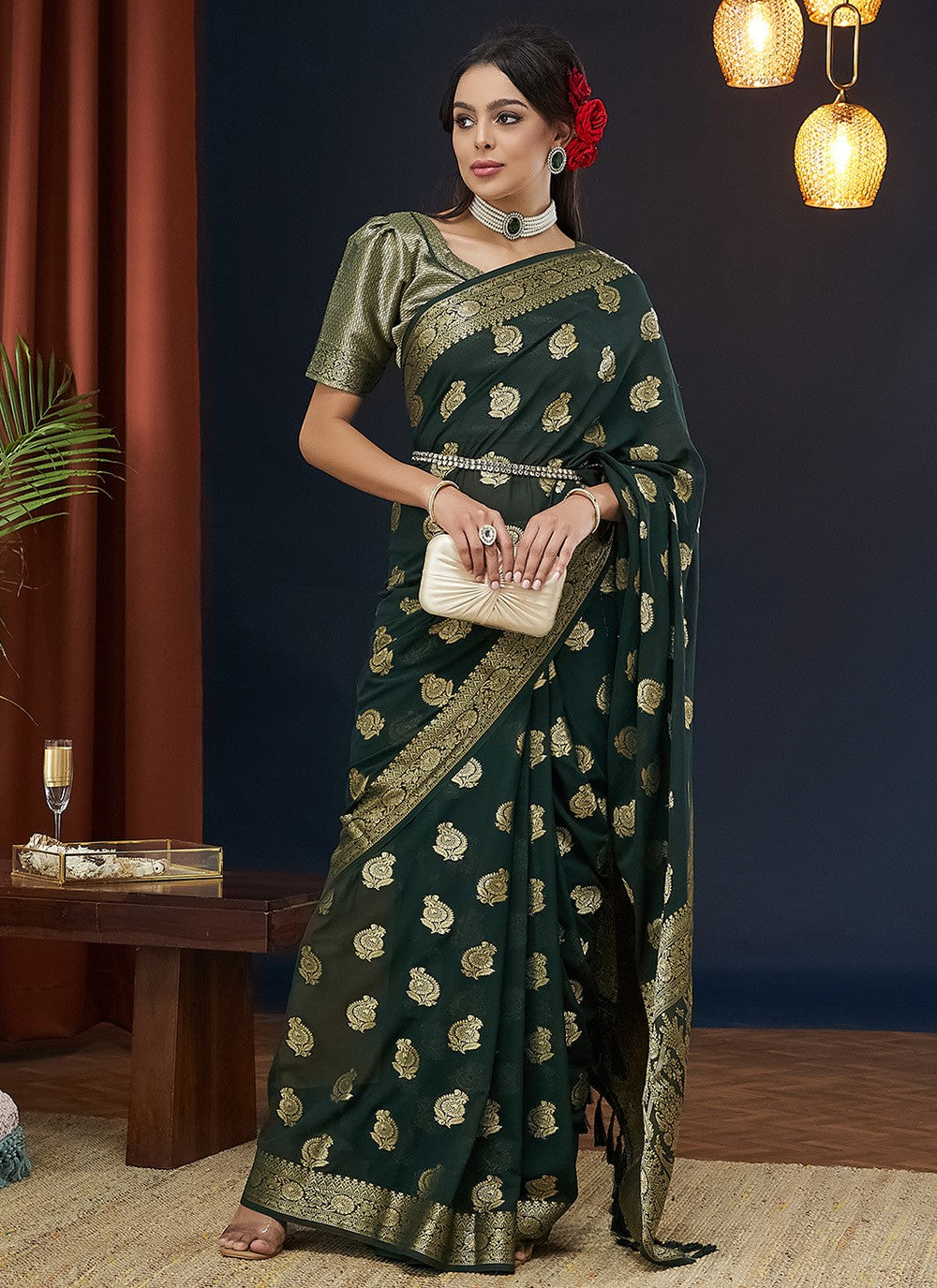 Traditional Jacquard Work Green Georgette Saree S12541