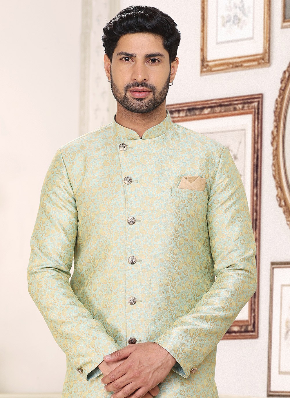Jacquard Work Banarasi Jacquard Green Indo Western - M5290