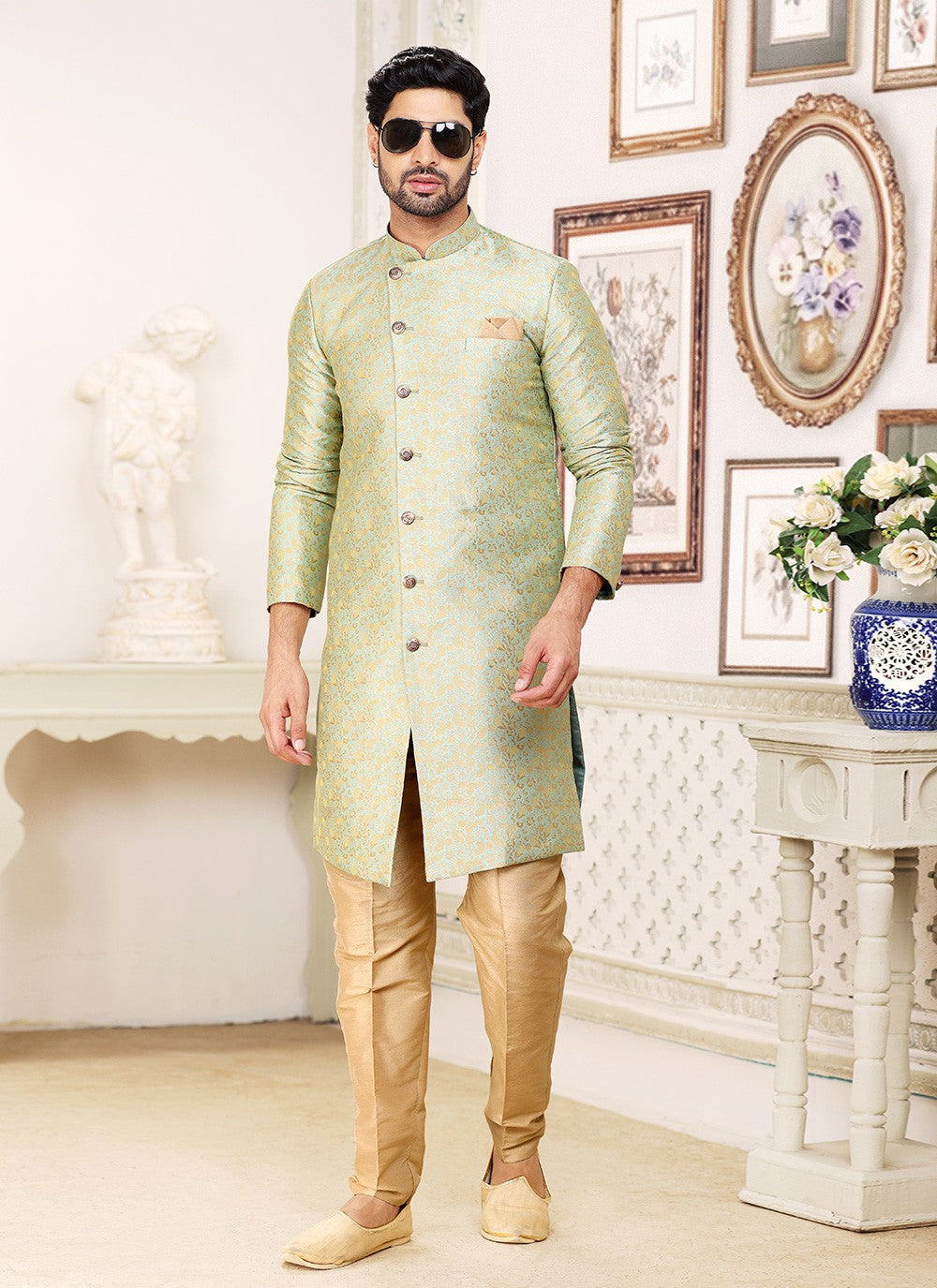 Jacquard Work Banarasi Jacquard Green Indo Western - M5290