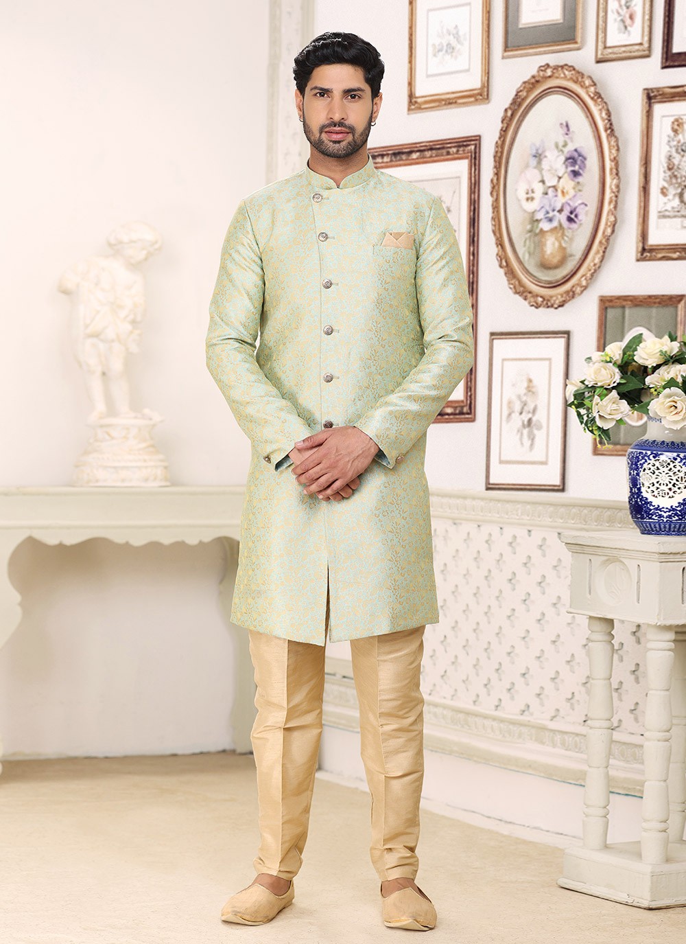 Jacquard Work Banarasi Jacquard Green Indo Western - M5290