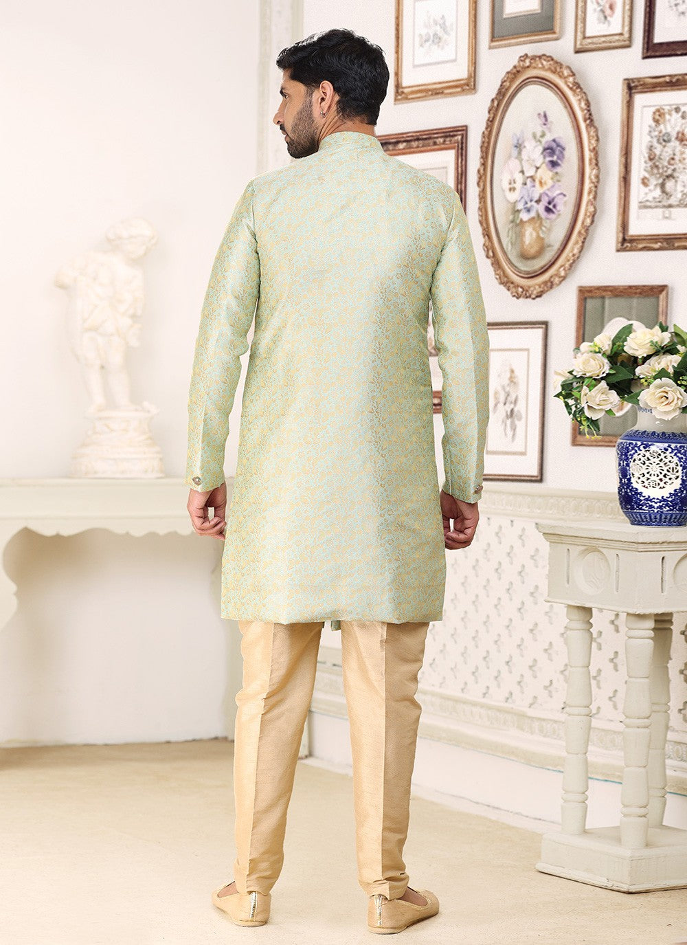 Jacquard Work Banarasi Jacquard Green Indo Western - M5290