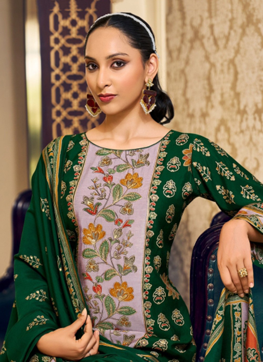 Pant Style Suit Embroidered, Foliage Prints, Hand Embroidery Green T8053