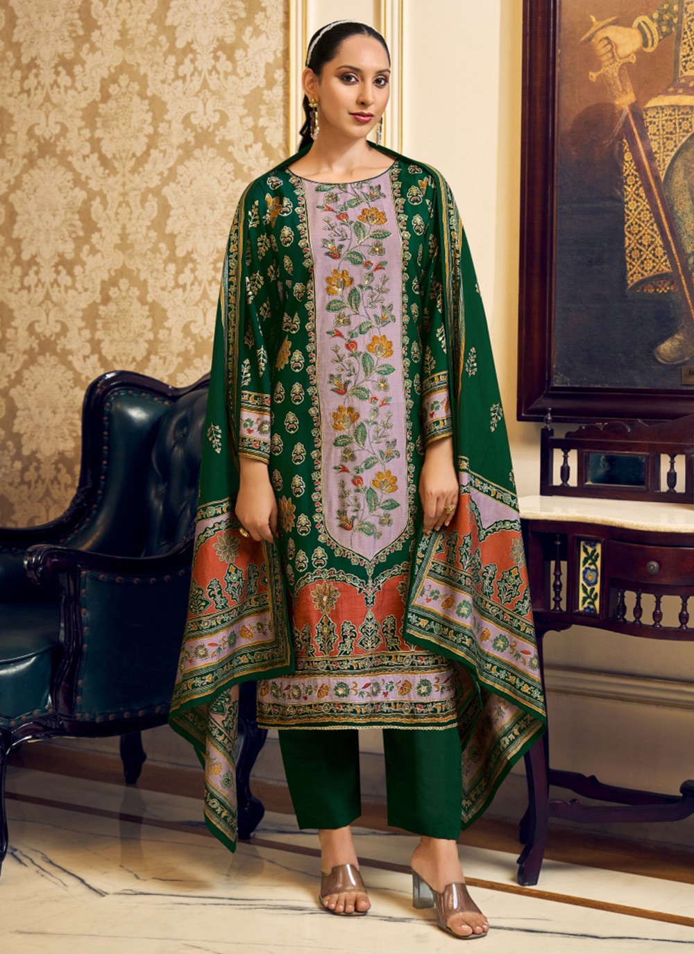 Pant Style Suit Embroidered, Foliage Prints, Hand Embroidery Green T8053