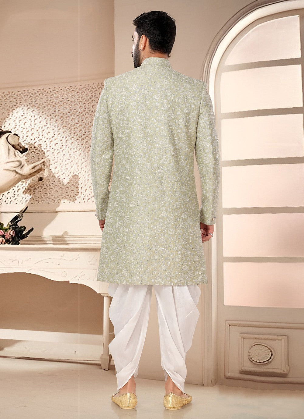 Embroidered Silk Green Sherwani - M7541
