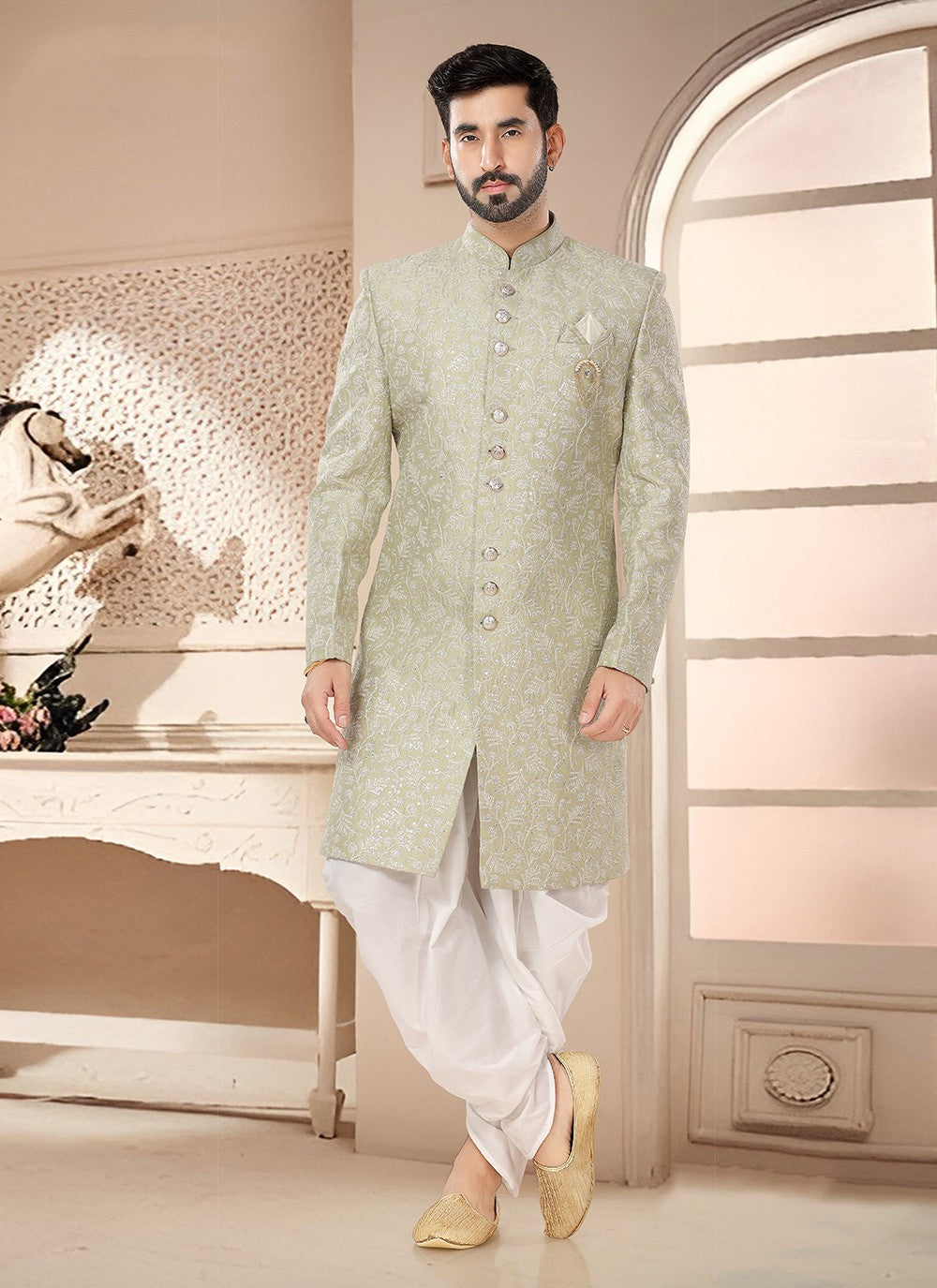 Embroidered Silk Green Sherwani - M7541