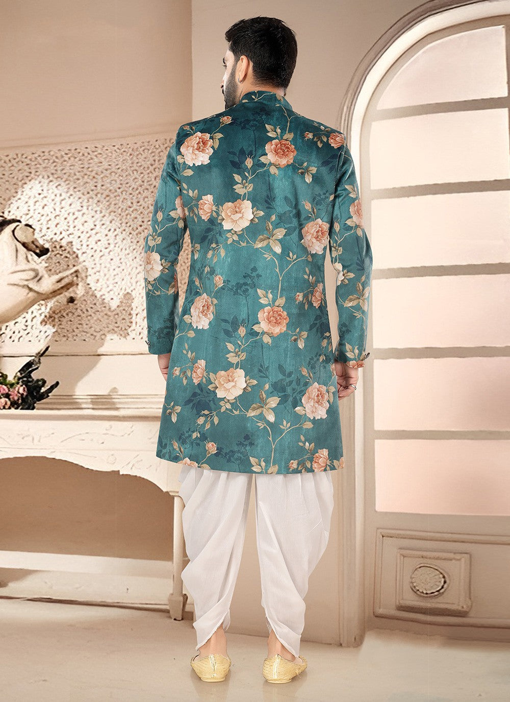 Digital Print Velvet Green Sherwani - M7544