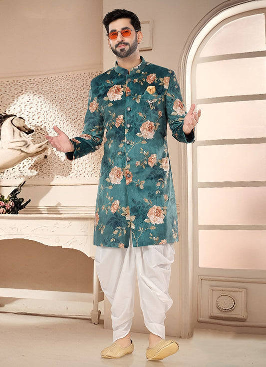 Digital Print Velvet Green Sherwani - M7544
