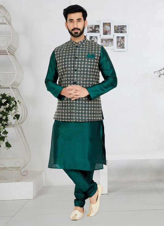 Fancy Work Banarasi Silk Green Kurta Payjama With Jacket - M5302